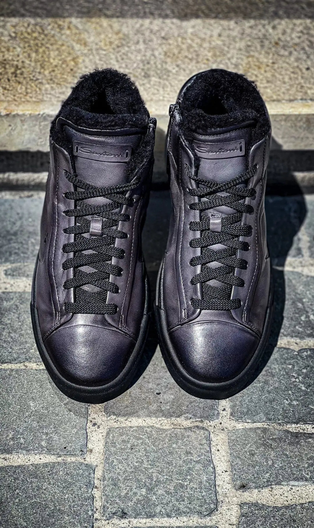 Santoni High Top Grey Leather Trainer Fur Lined, view 6