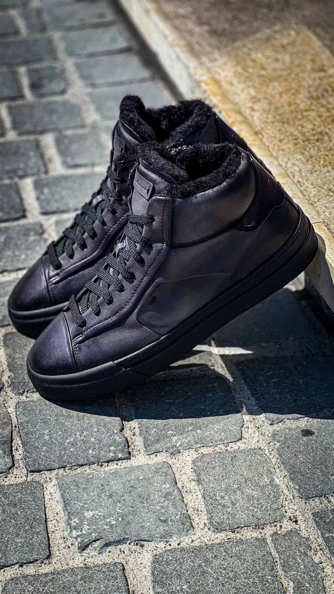 Santoni High Top Grey Leather Trainer Fur Lined, view 5