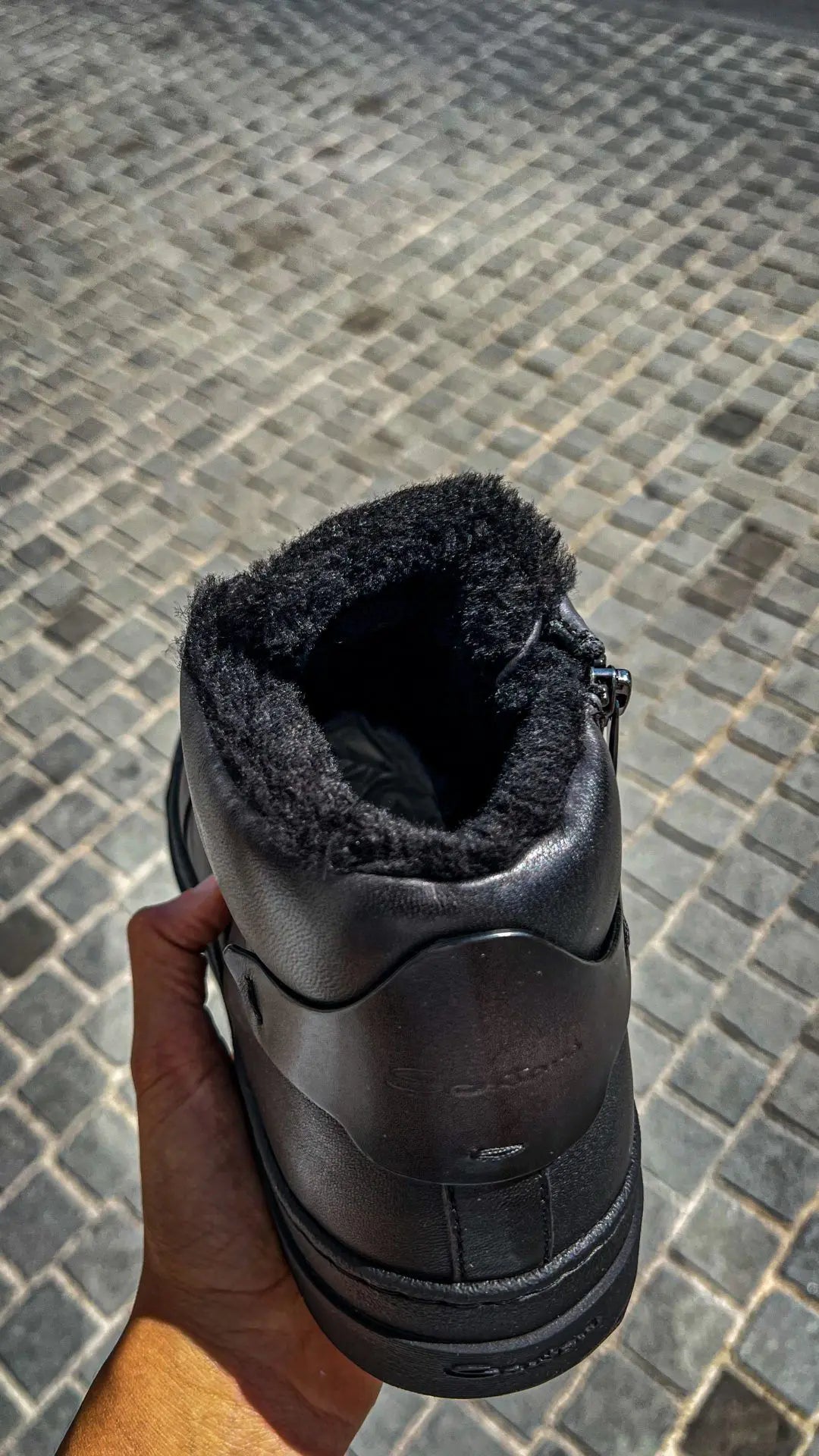 Santoni High Top Grey Leather Trainer Fur Lined, view 2