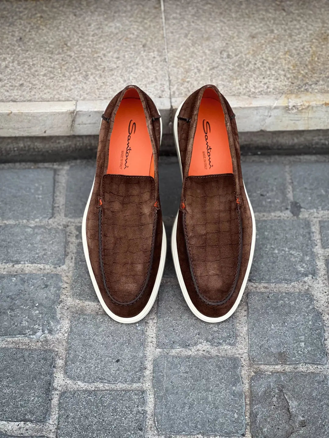 Santoni Slip On Loafer Croco Print Dark Brown Suede, view 4