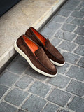 Santoni Slip On Loafer Croco Print Dark Brown Suede, view 3