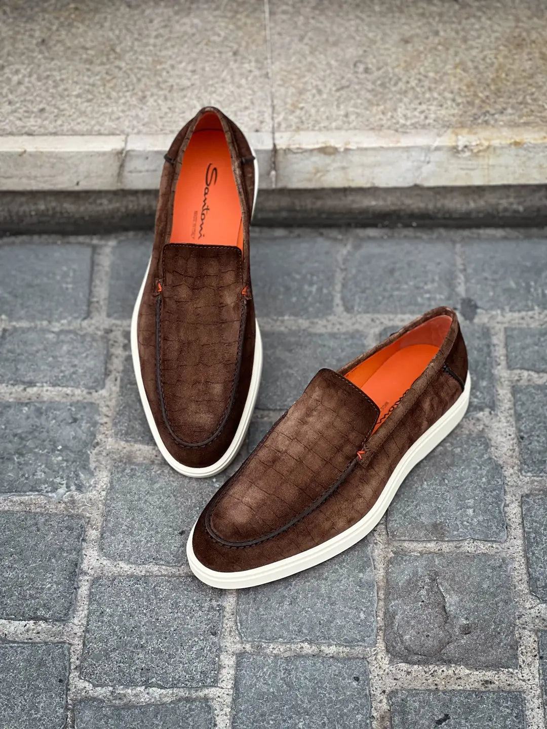 Santoni Slip On Loafer Croco Print Dark Brown Suede, view 2