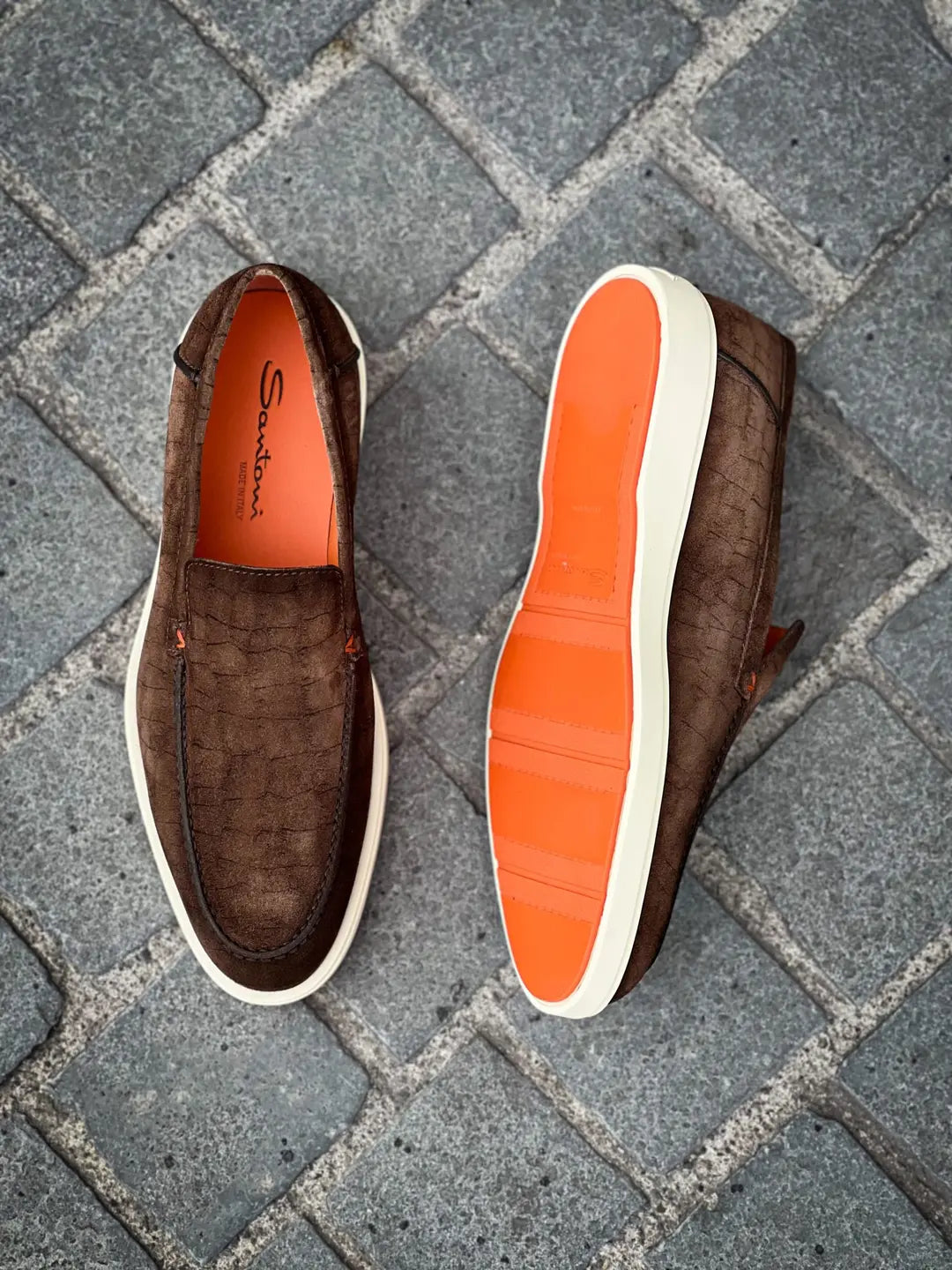 Santoni Slip On Loafer Croco Print Dark Brown Suede