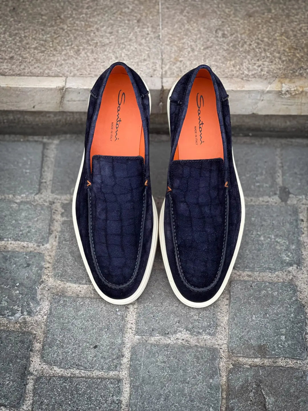 Santoni Slip On Loafer Croco Print Navy Suede, view 5