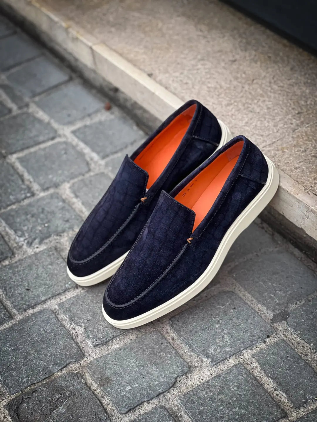 Santoni Slip On Loafer Croco Print Navy Suede, view 4