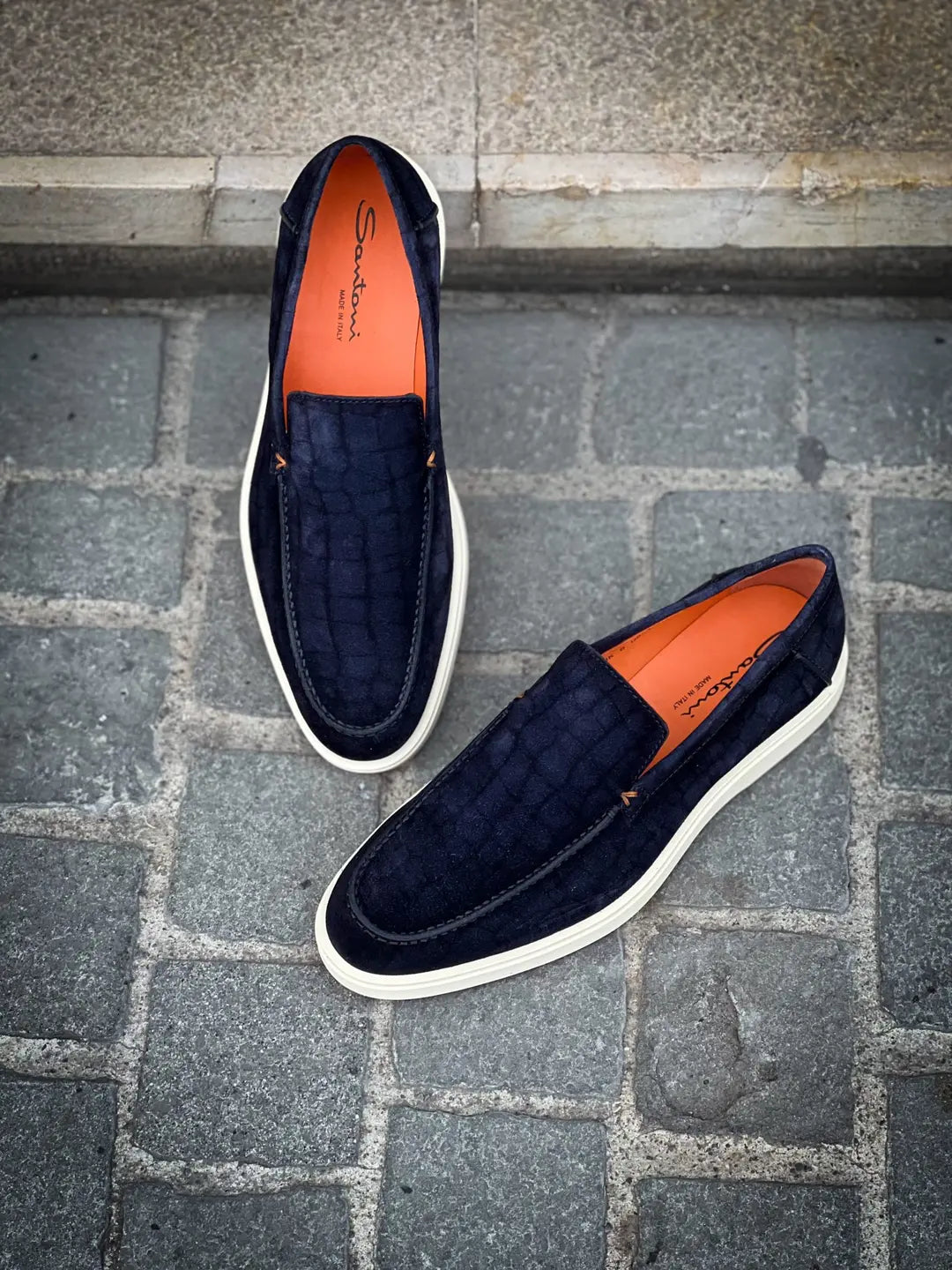 Santoni Slip On Loafer Croco Print Navy Suede, view 3