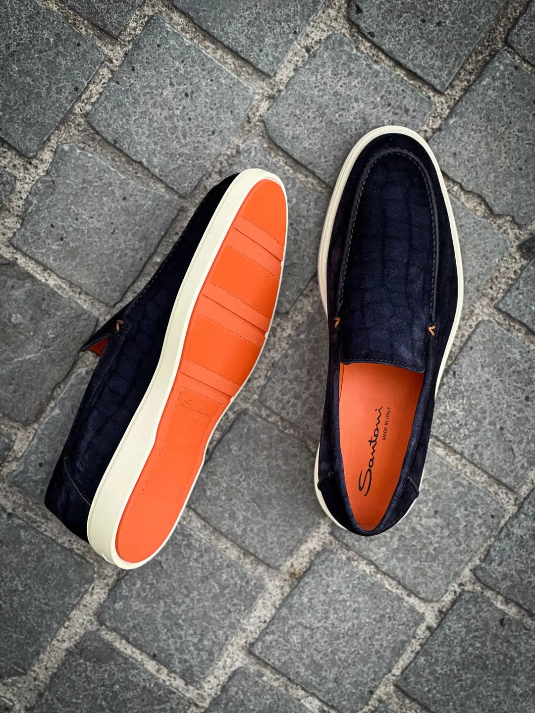Santoni Slip On Loafer Croco Print Navy Suede, view 2