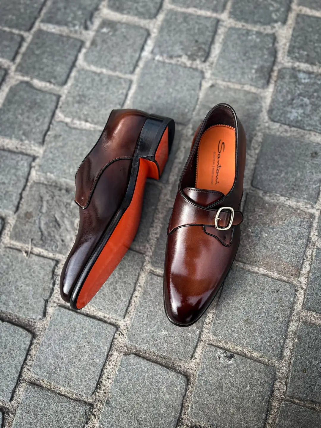 Santoni Single Buckle Dark Brown in calf leather, view 2