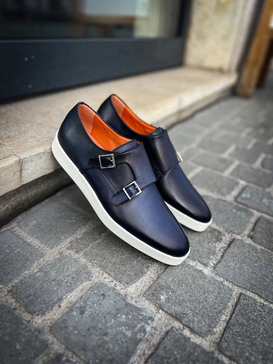 Santoni Casual Double Buckle Navy Leather