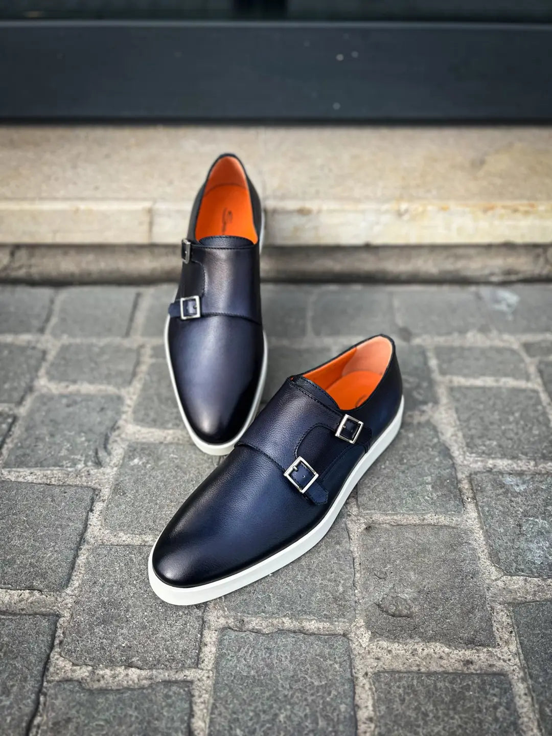Santoni Casual Double Buckle Navy Leather, view 3