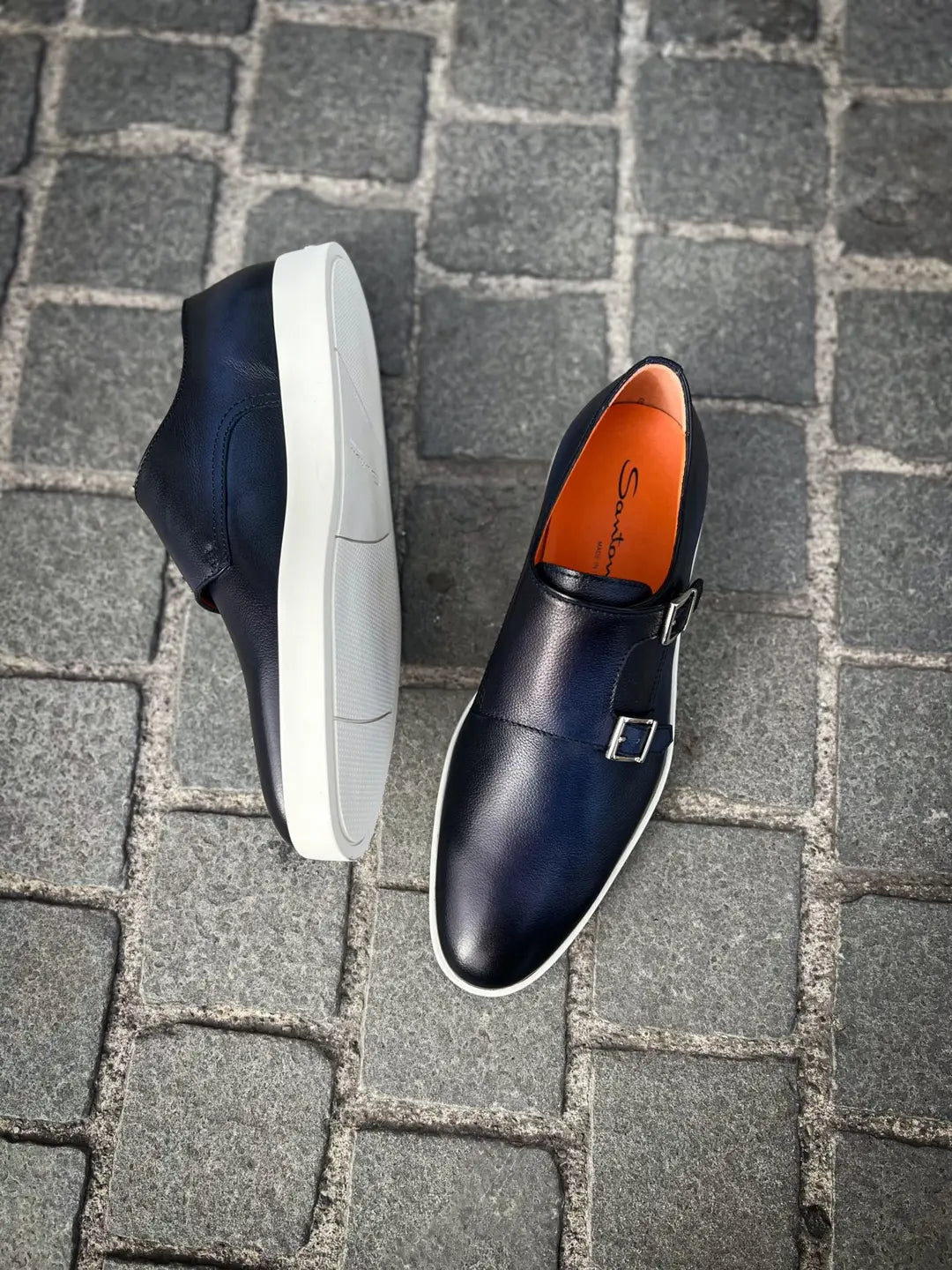 Santoni Casual Double Buckle Navy Leather, view 2
