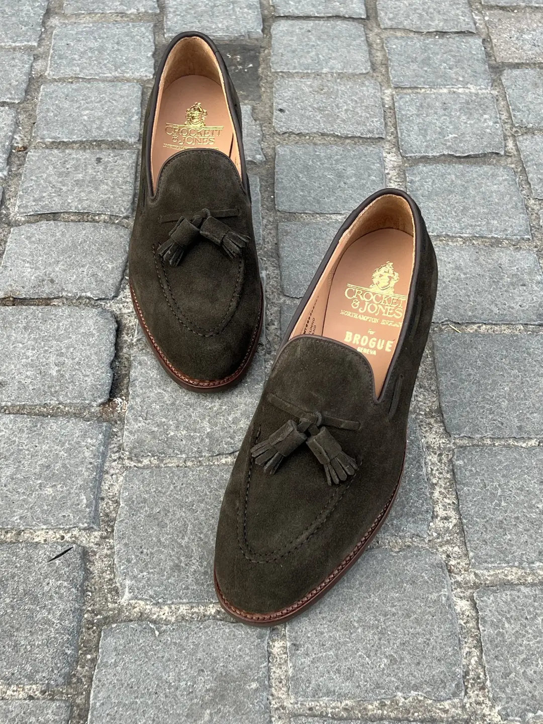 Crockett & Jones Cavendish Earth Green Suede Tassel Loafer, view 3