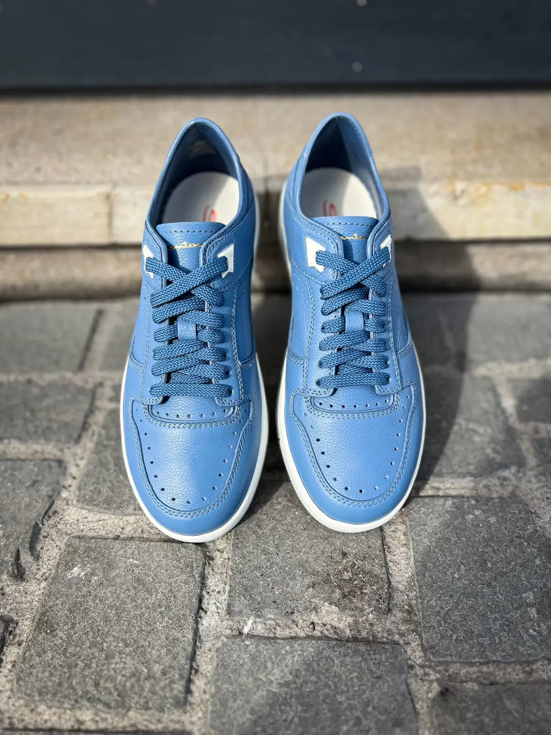Santoni Light Blue Trainer in Scotch grain leather, view 5
