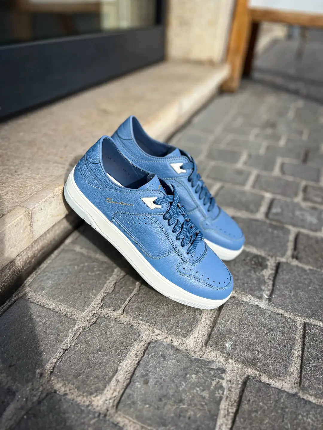 Santoni Light Blue Trainer in Scotch grain leather