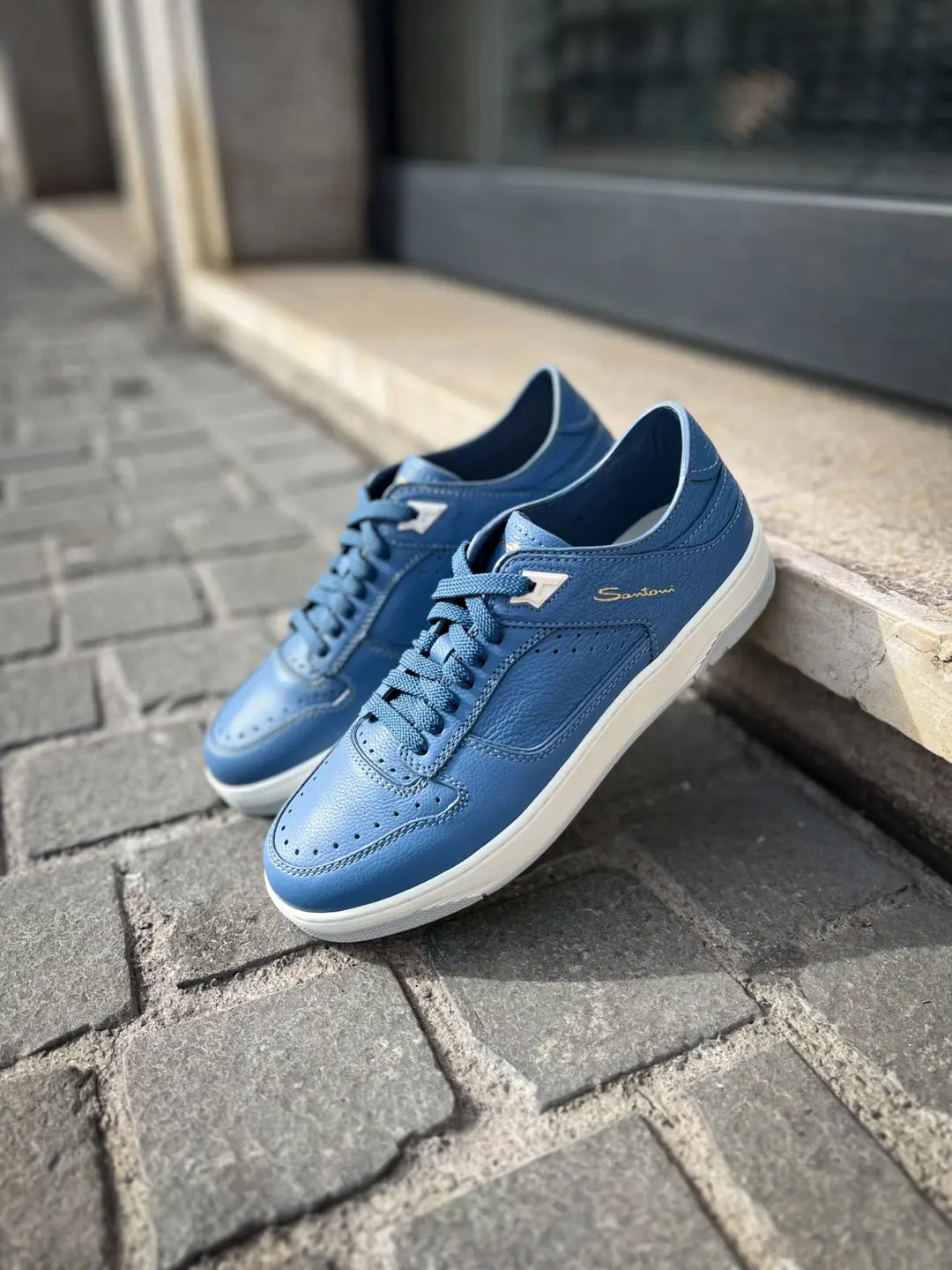 Santoni Light Blue Trainer in Scotch grain leather, view 4