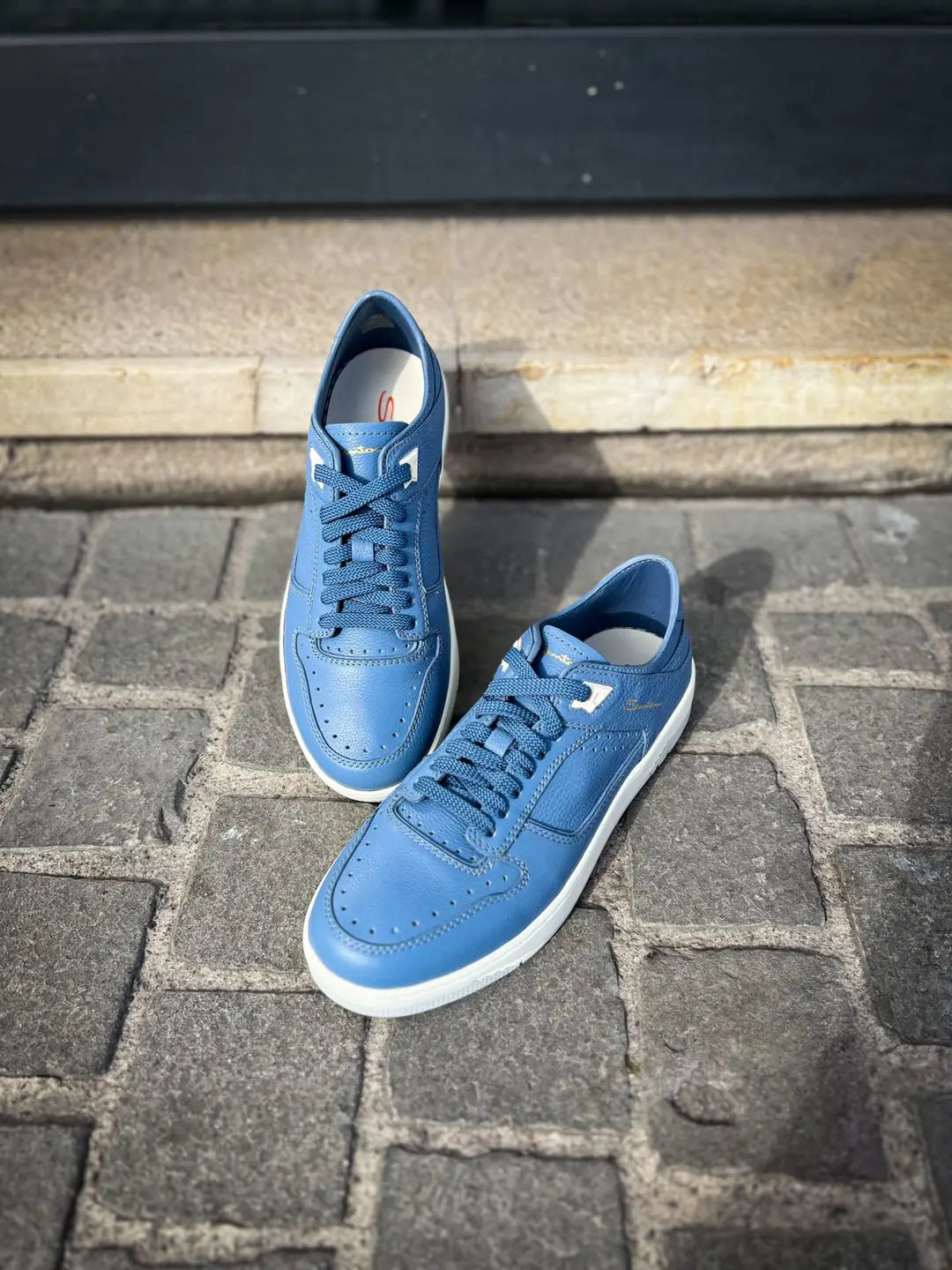 Santoni Light Blue Trainer in Scotch grain leather, view 3