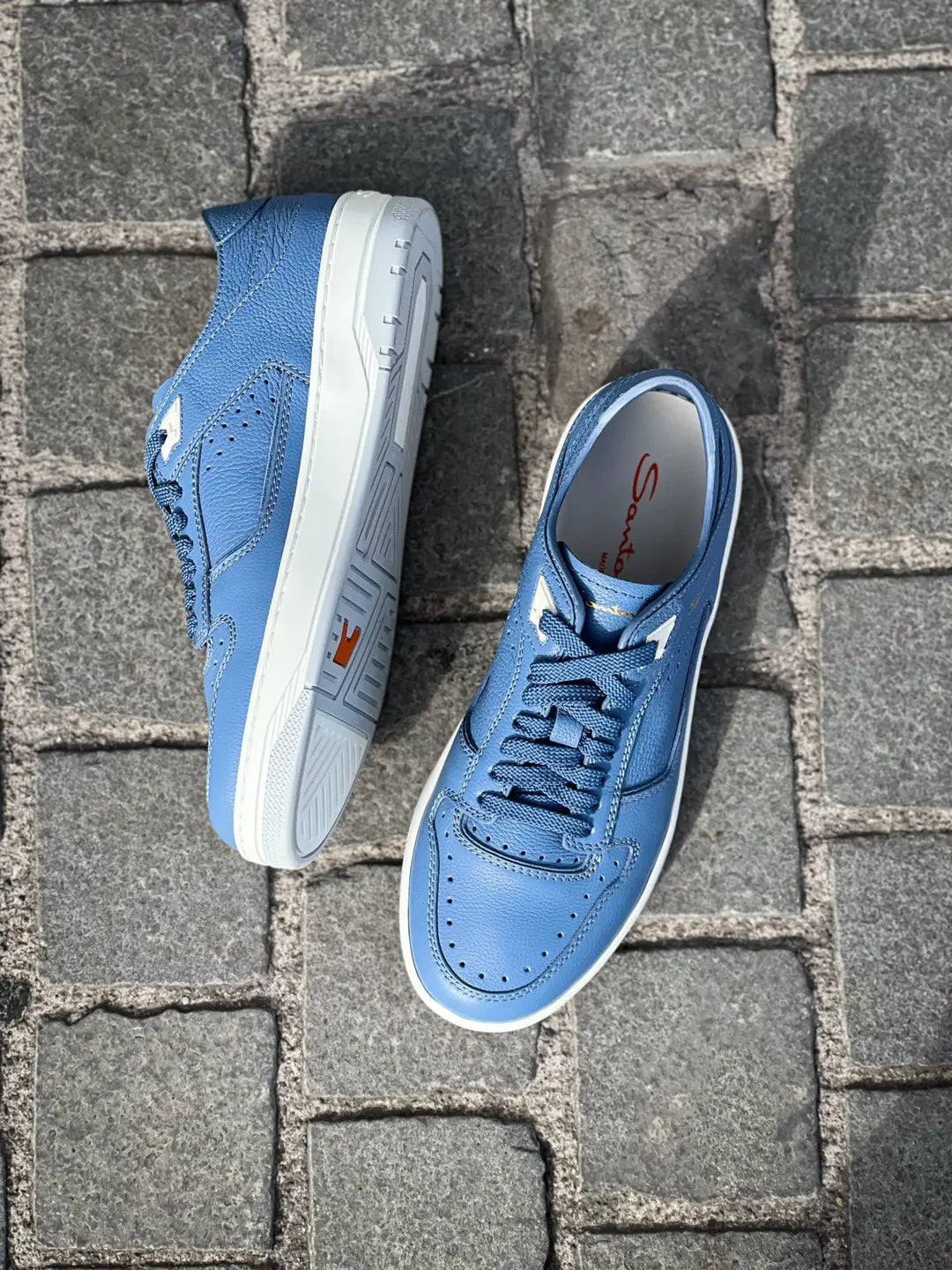 Santoni Light Blue Trainer in Scotch grain leather, view 2