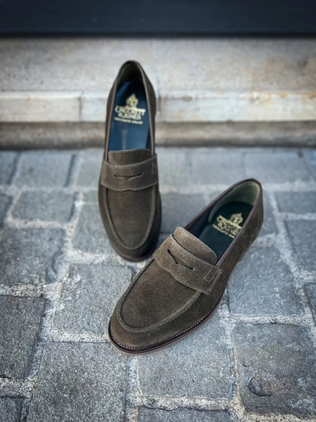 Crockett & Jones Richmond Earth Green Suede Penny Loafer, view 3