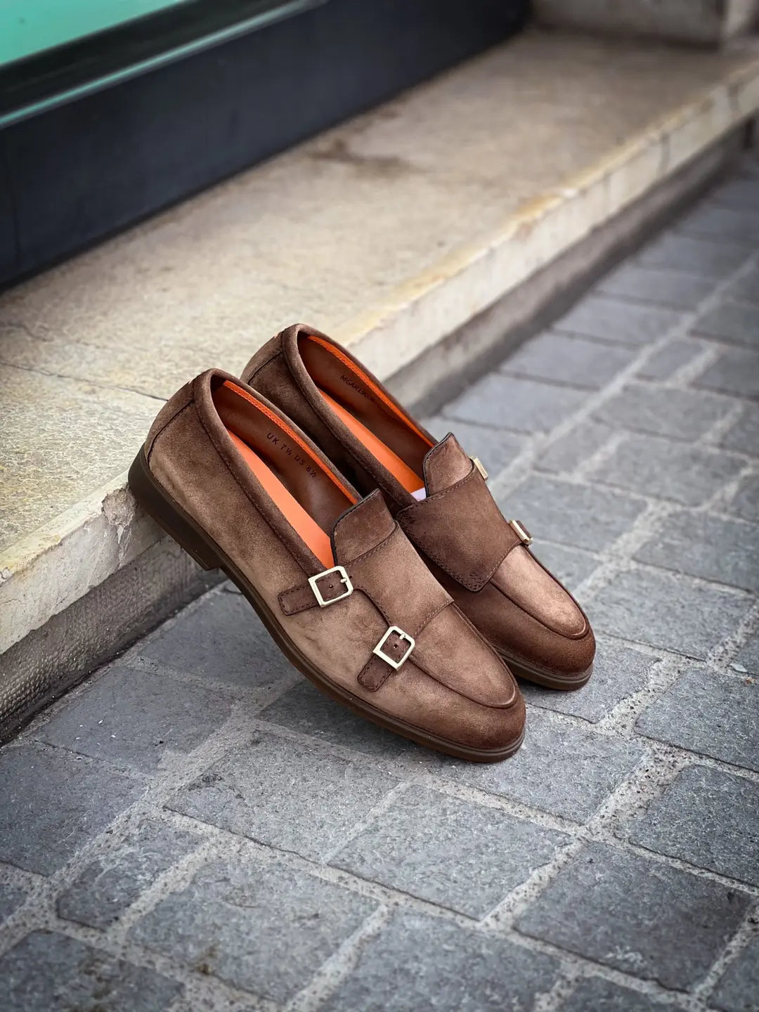 Santoni Double Buckle Brown Suede