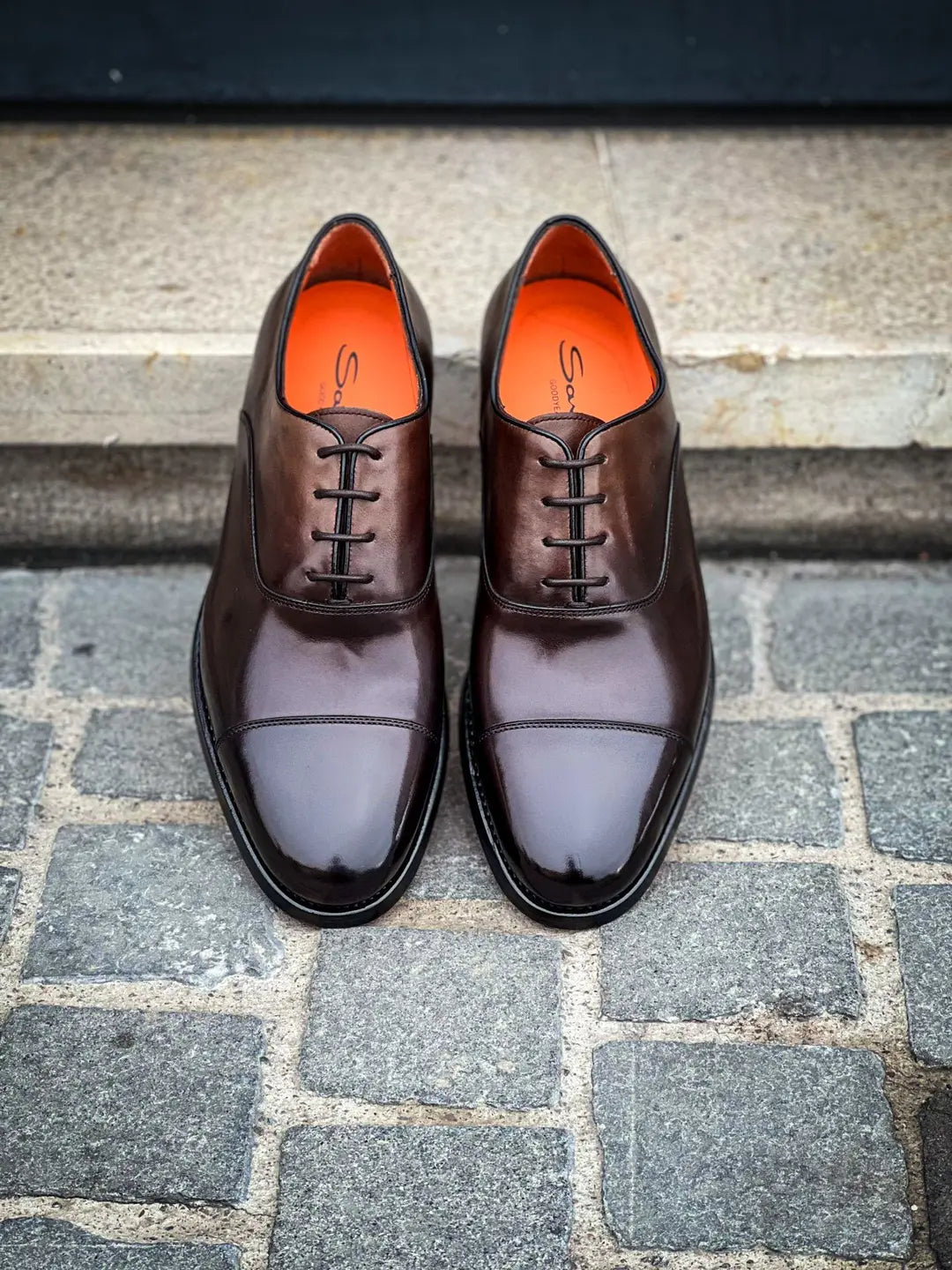 Santoni Toe Cap Dark Brown Patine Cap Toe Oxford, view 3