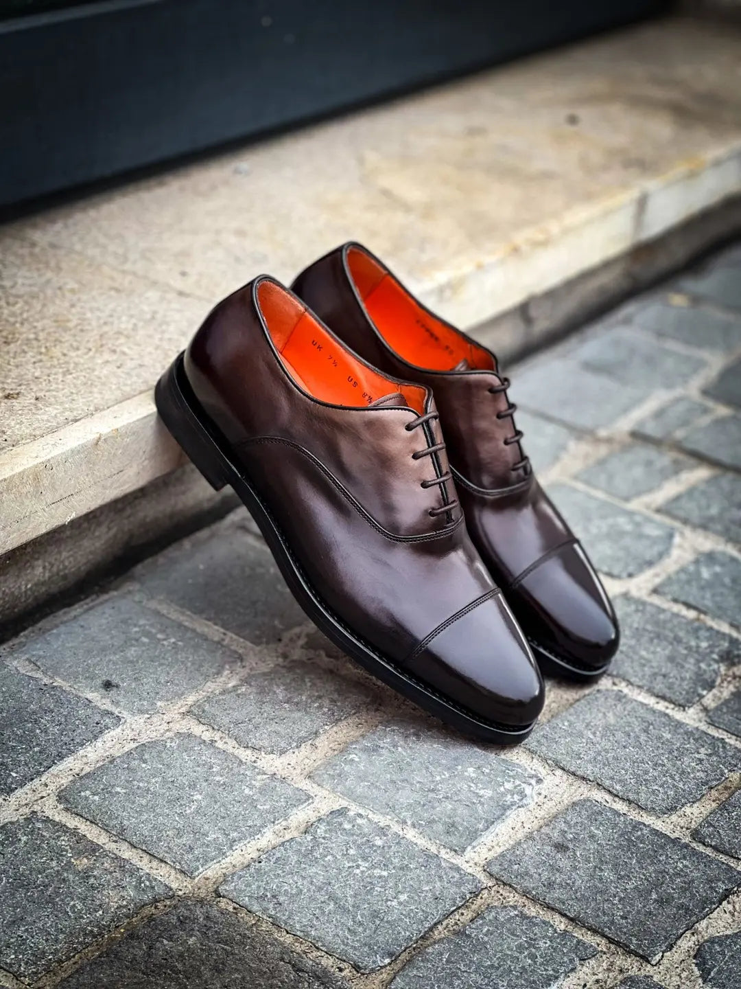 Santoni Toe Cap Dark Brown Patine Cap Toe Oxford