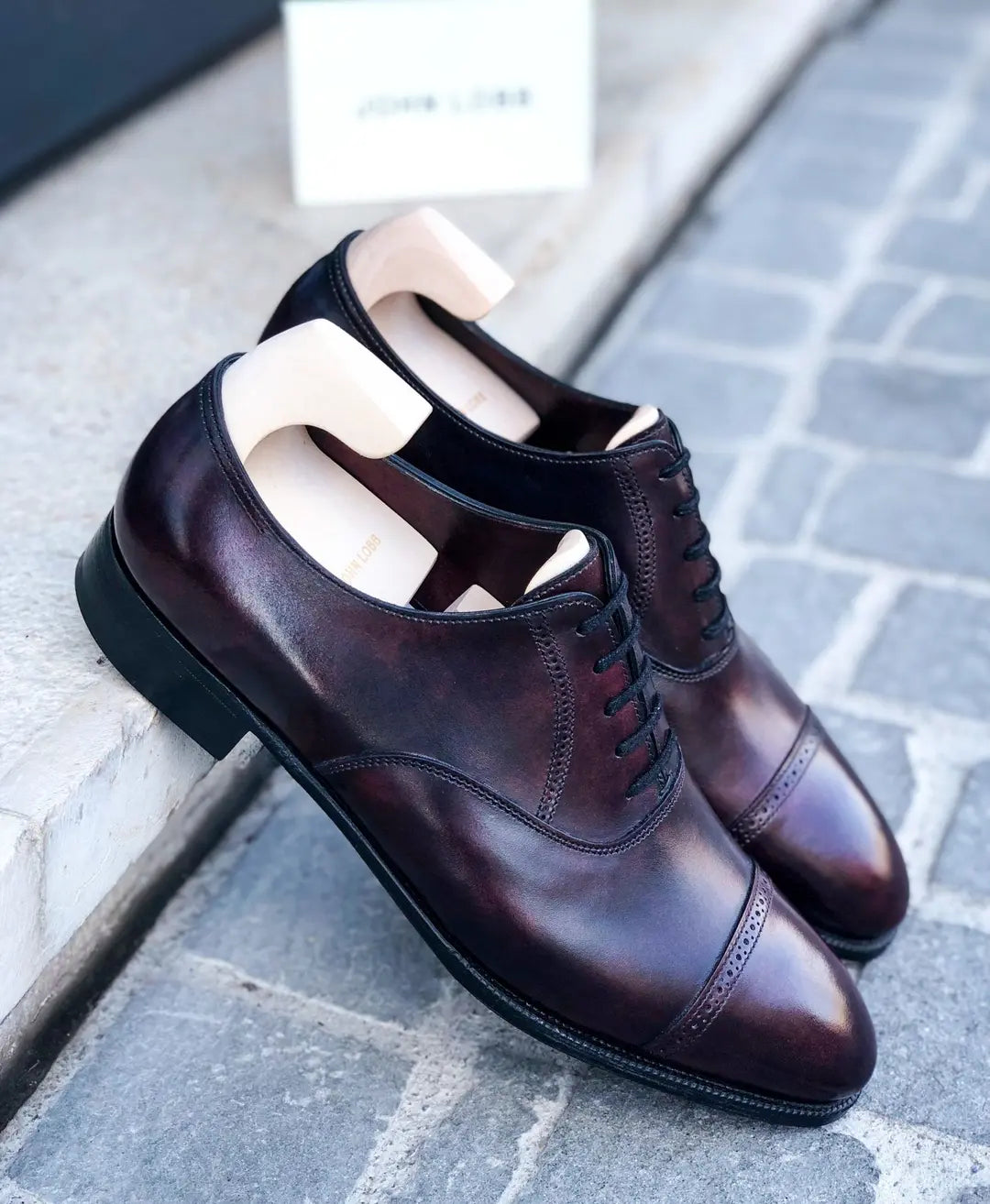 John Lobb Philip II Plum Cap Toe Oxford in calf leather