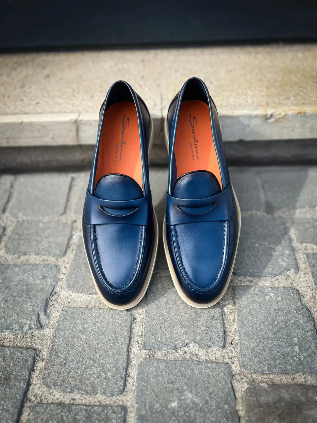 Santoni Navy Burnished Leather Mocassin, view 5
