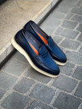 Santoni Navy Burnished Leather Mocassin