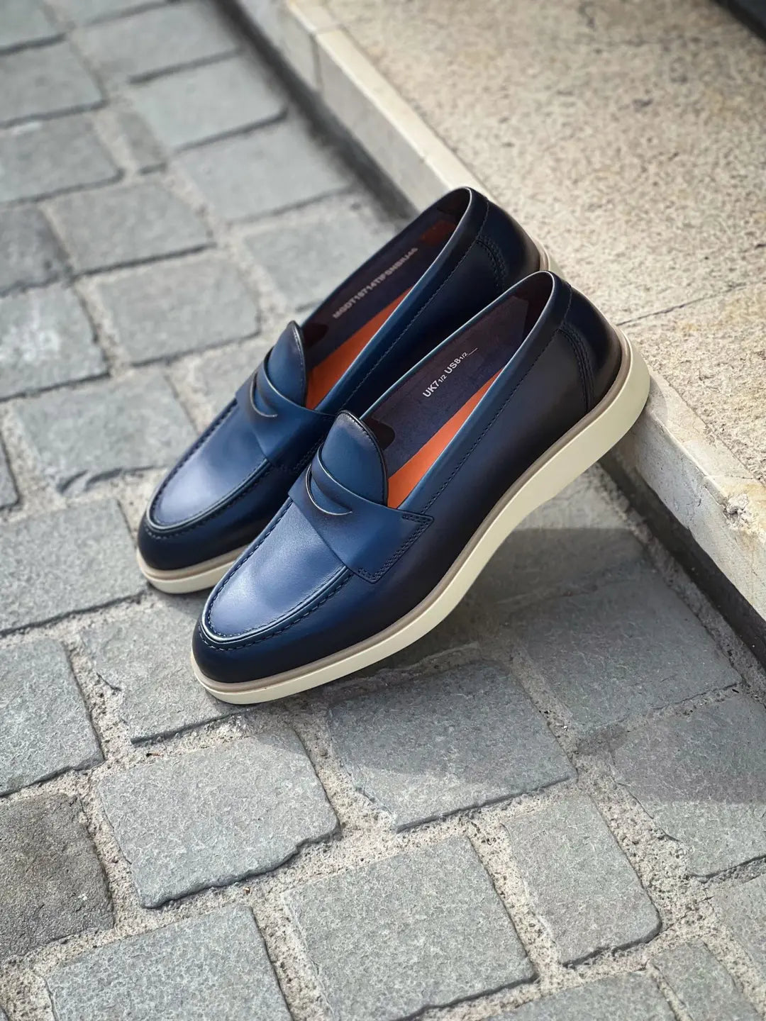 Santoni Navy Burnished Leather Mocassin, view 4