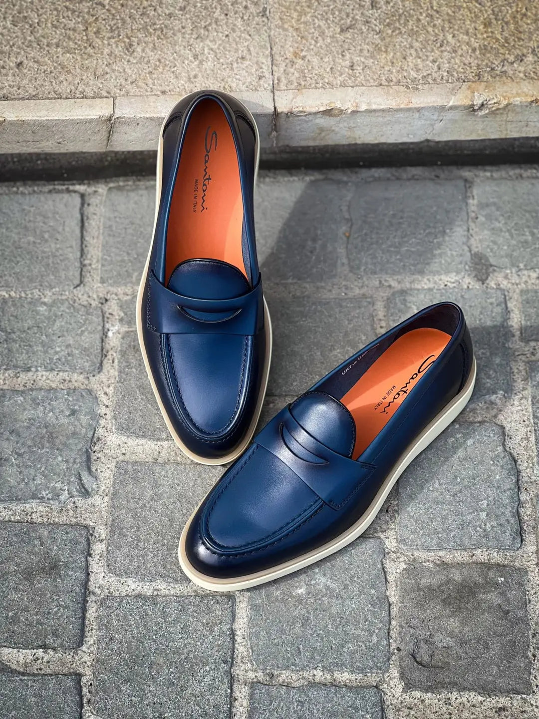 Santoni Navy Burnished Leather Mocassin, view 3