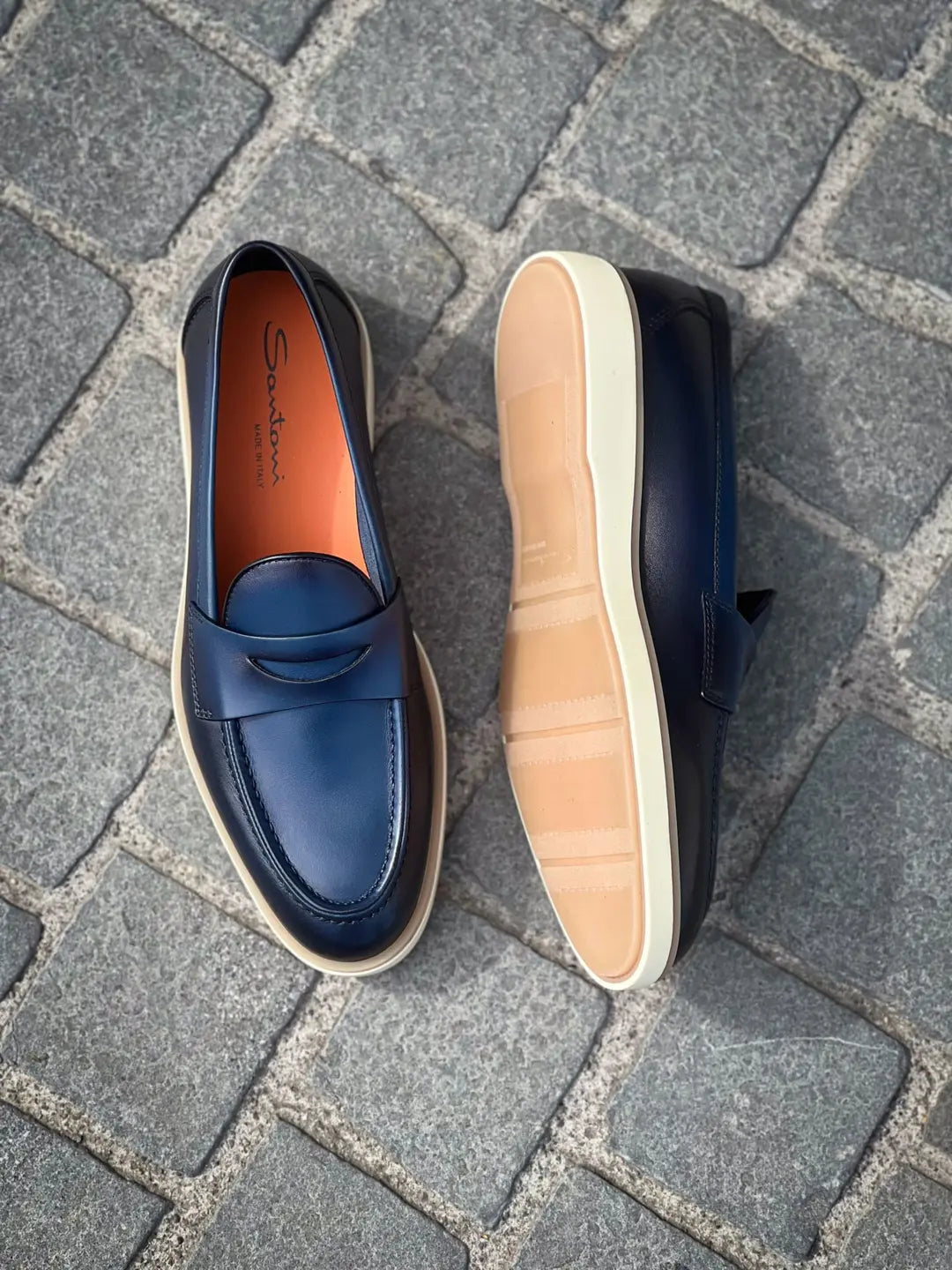 Santoni Navy Burnished Leather Mocassin, view 2