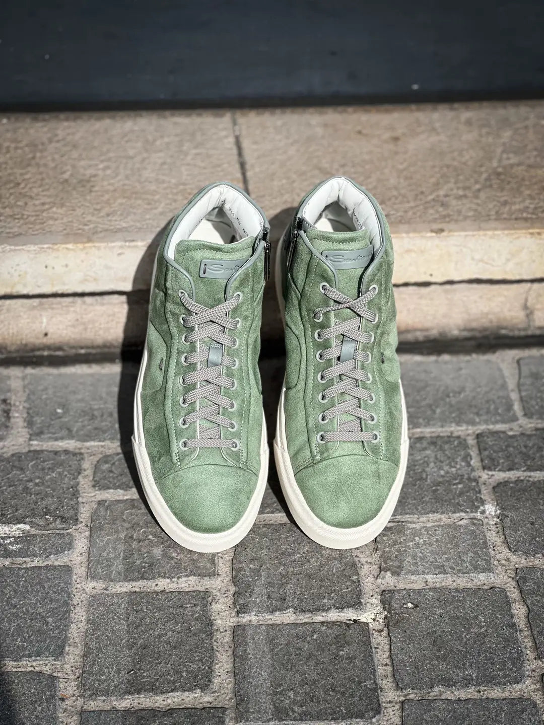Santoni High Top Light Green Suede Trainer, view 5