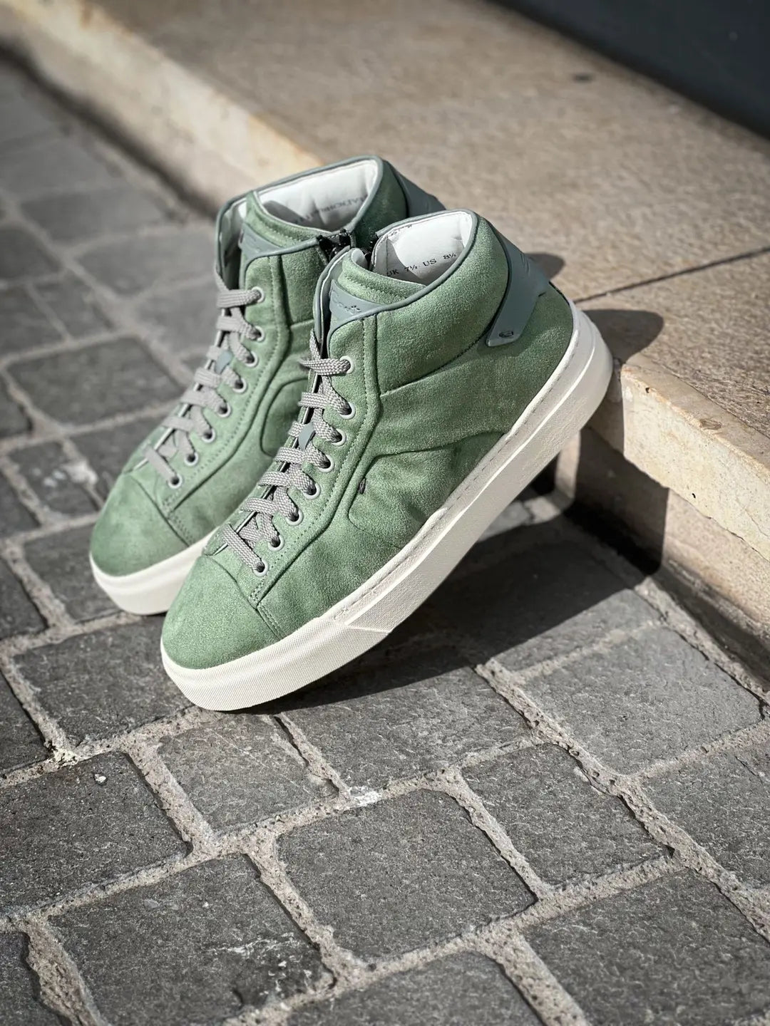 Santoni High Top Light Green Suede Trainer, view 4