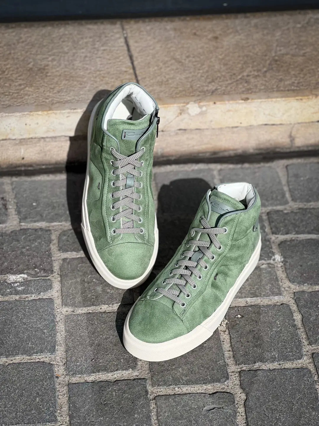 Santoni High Top Light Green Suede Trainer, view 3