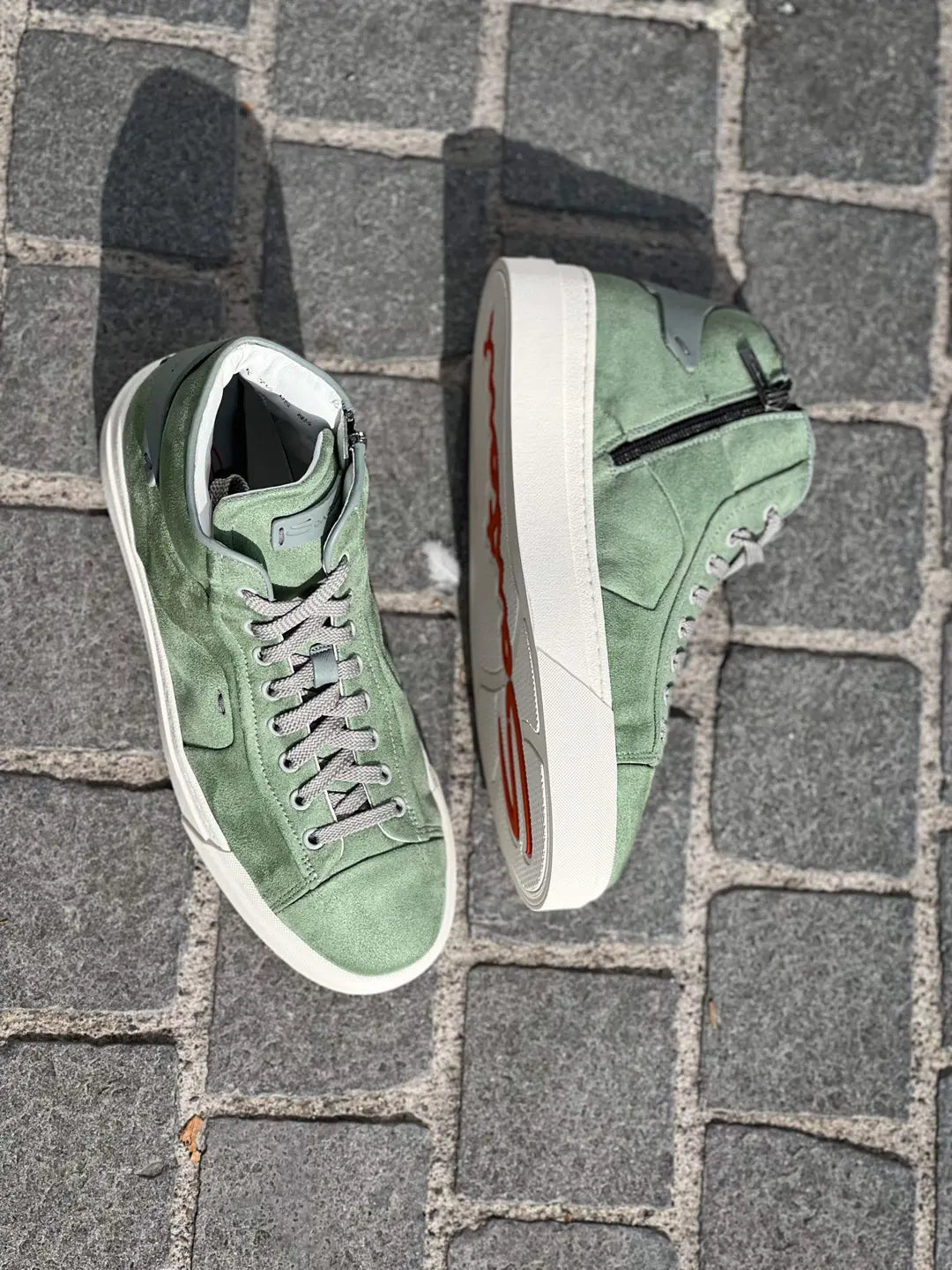 Santoni High Top Light Green Suede Trainer, view 2