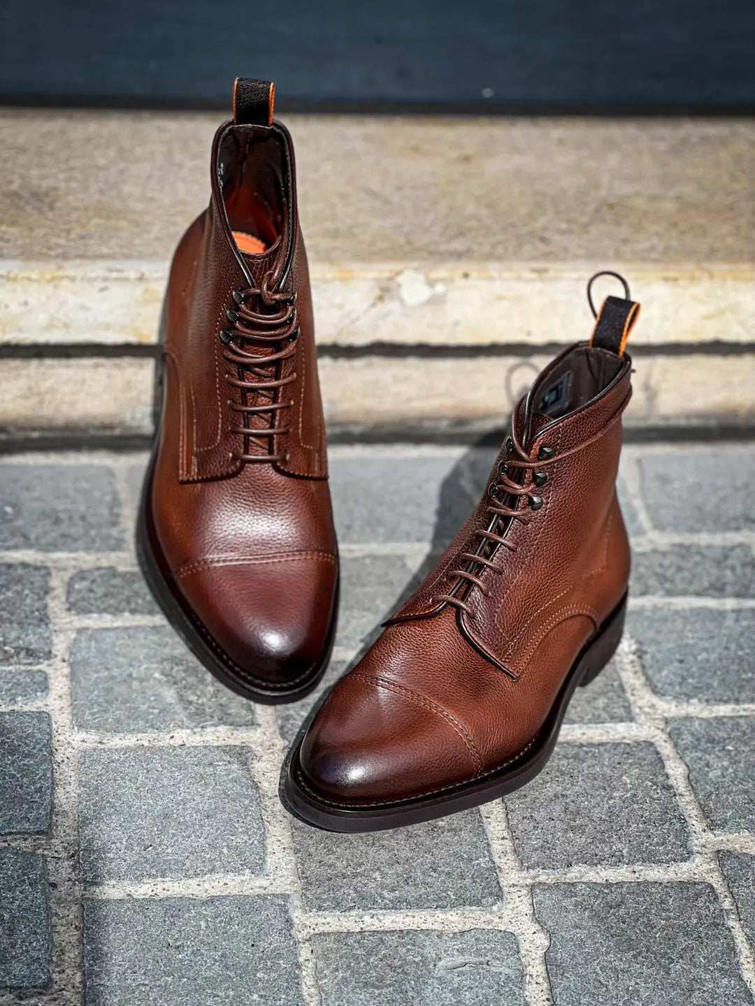 Santoni Lace Up Boot Brown in Scotch grain leather, view 3