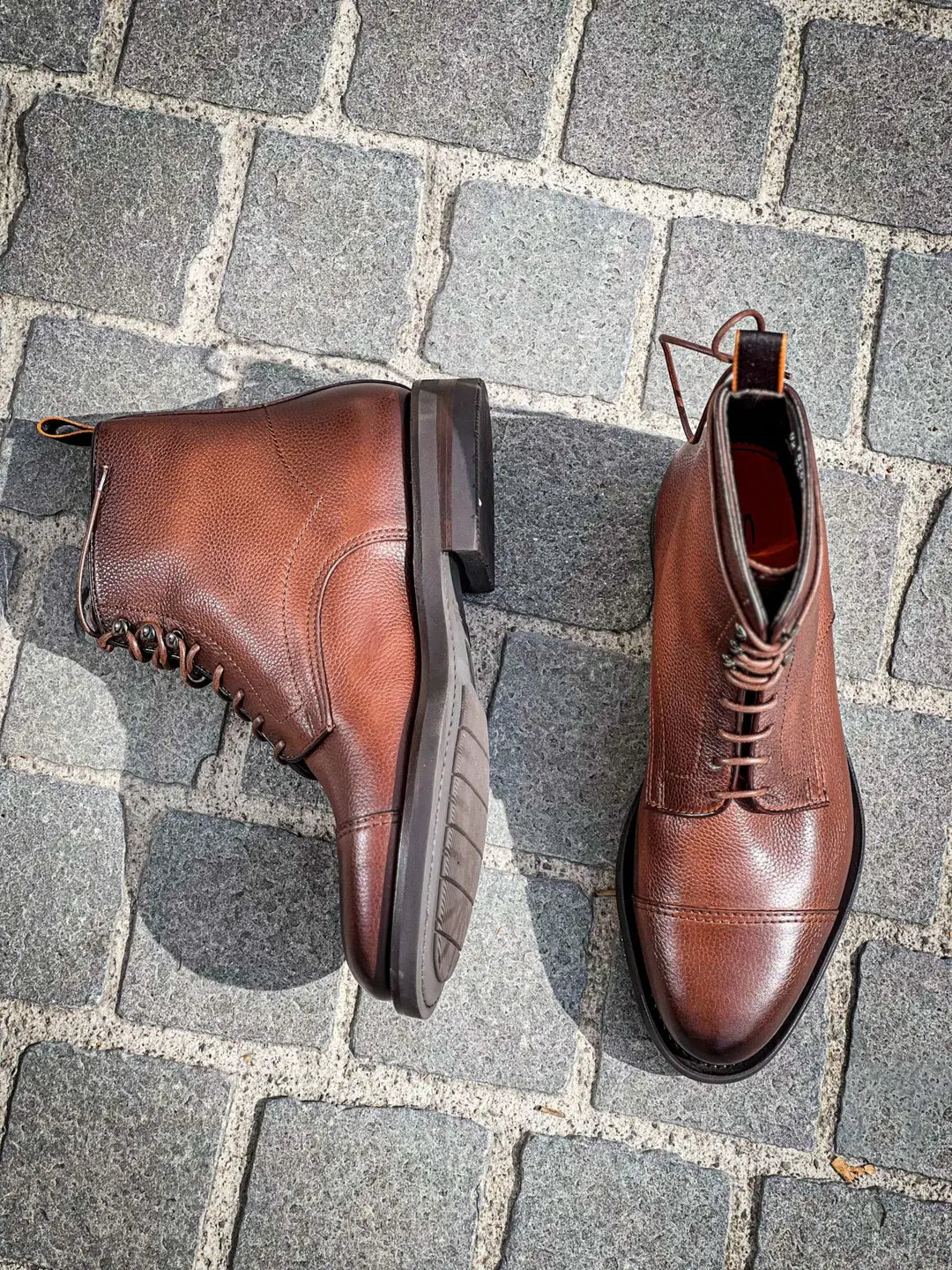 Santoni Lace Up Boot Brown in Scotch grain leather, view 2