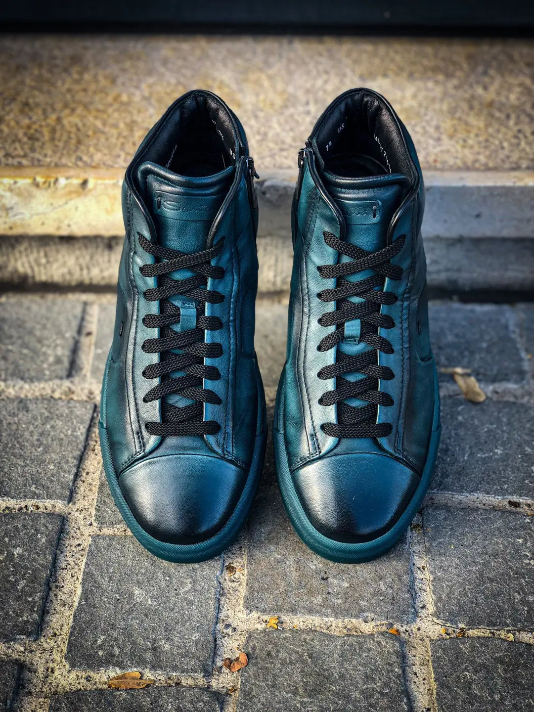 Santoni Blue Green High Top Trainer in calf leather, view 5