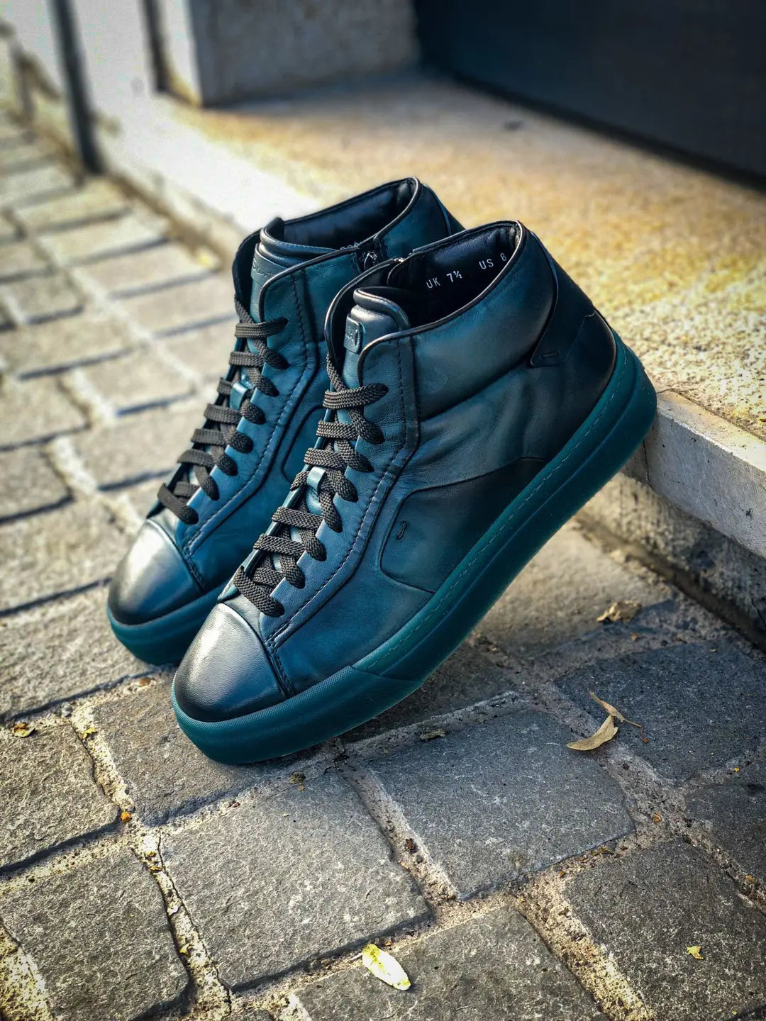 Santoni Blue Green High Top Trainer in calf leather, view 4