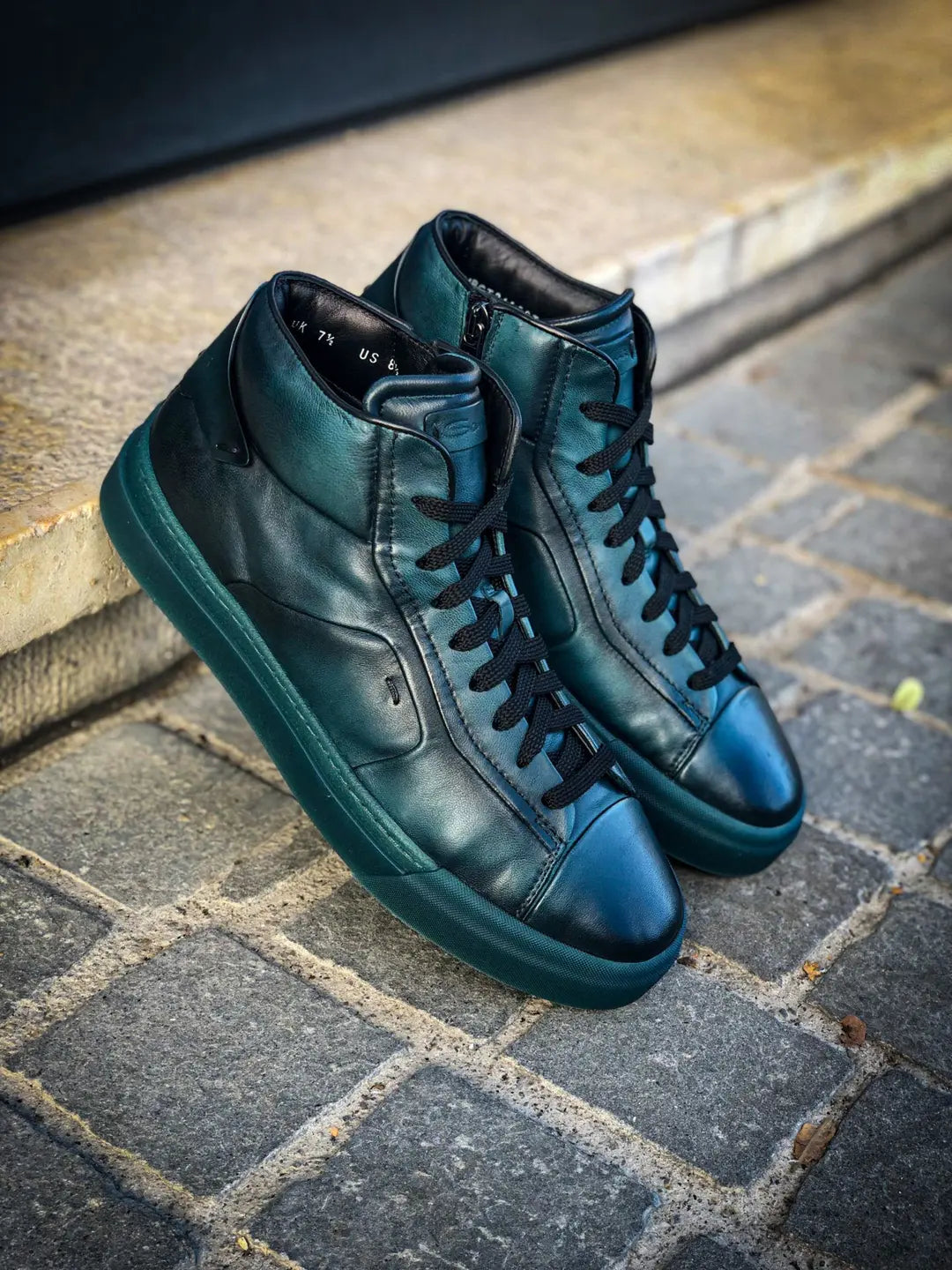Santoni Blue Green High Top Trainer in calf leather