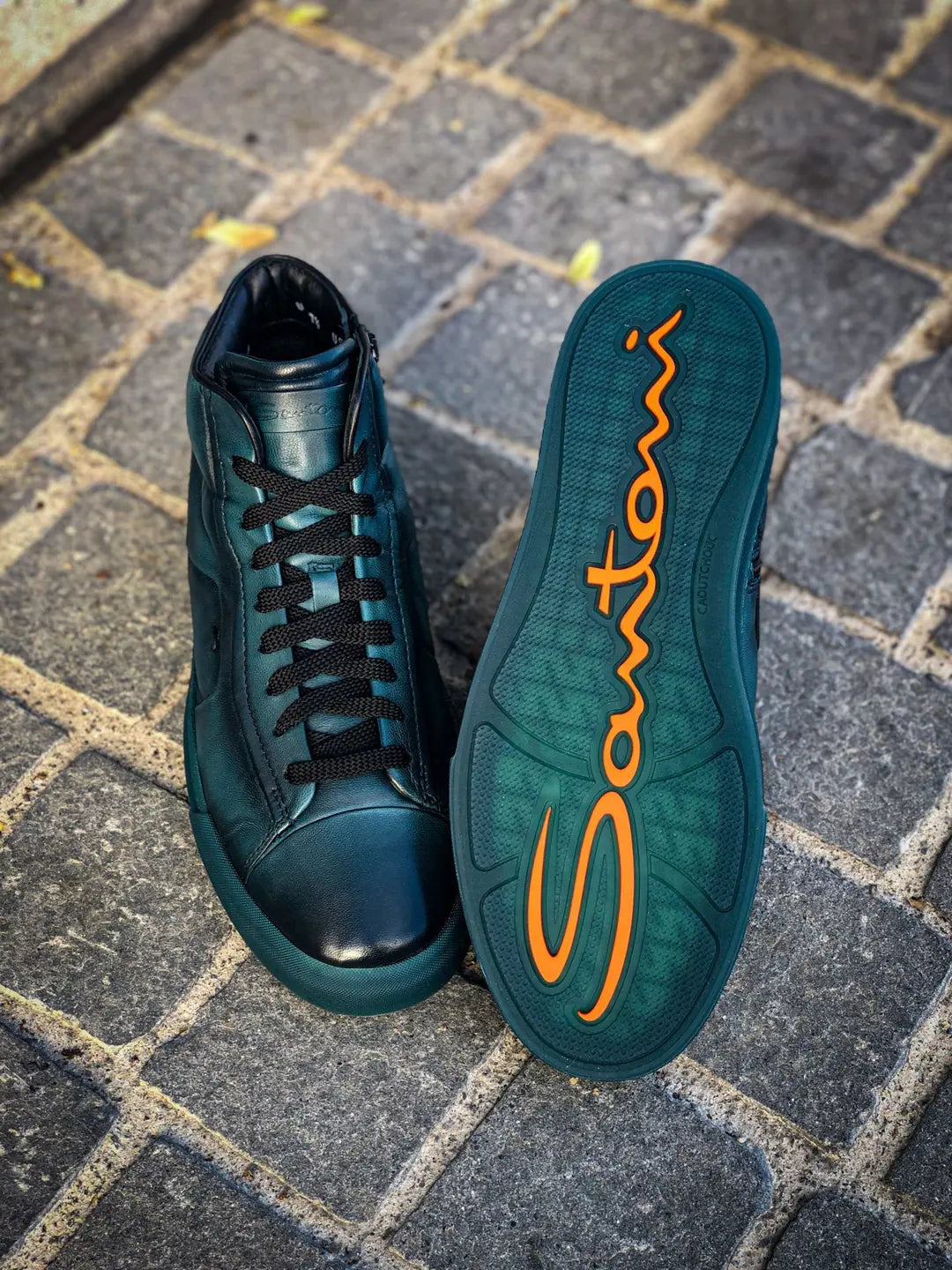 Santoni Blue Green High Top Trainer in calf leather, view 3