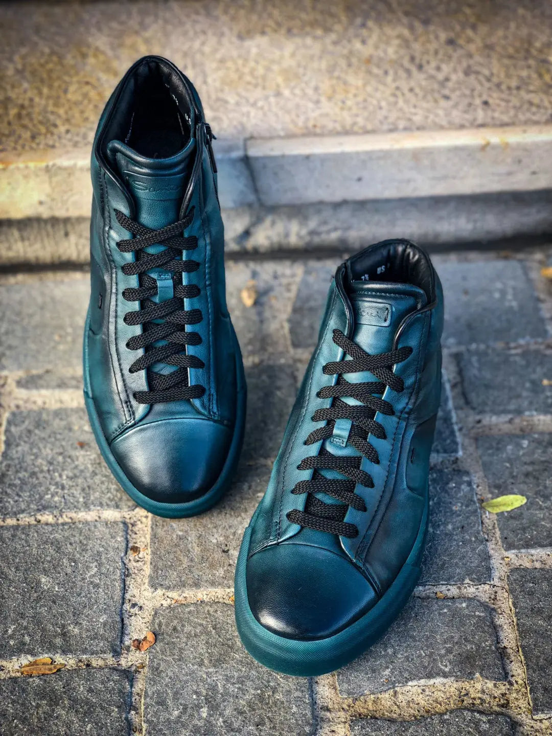 Santoni Blue Green High Top Trainer in calf leather, view 2
