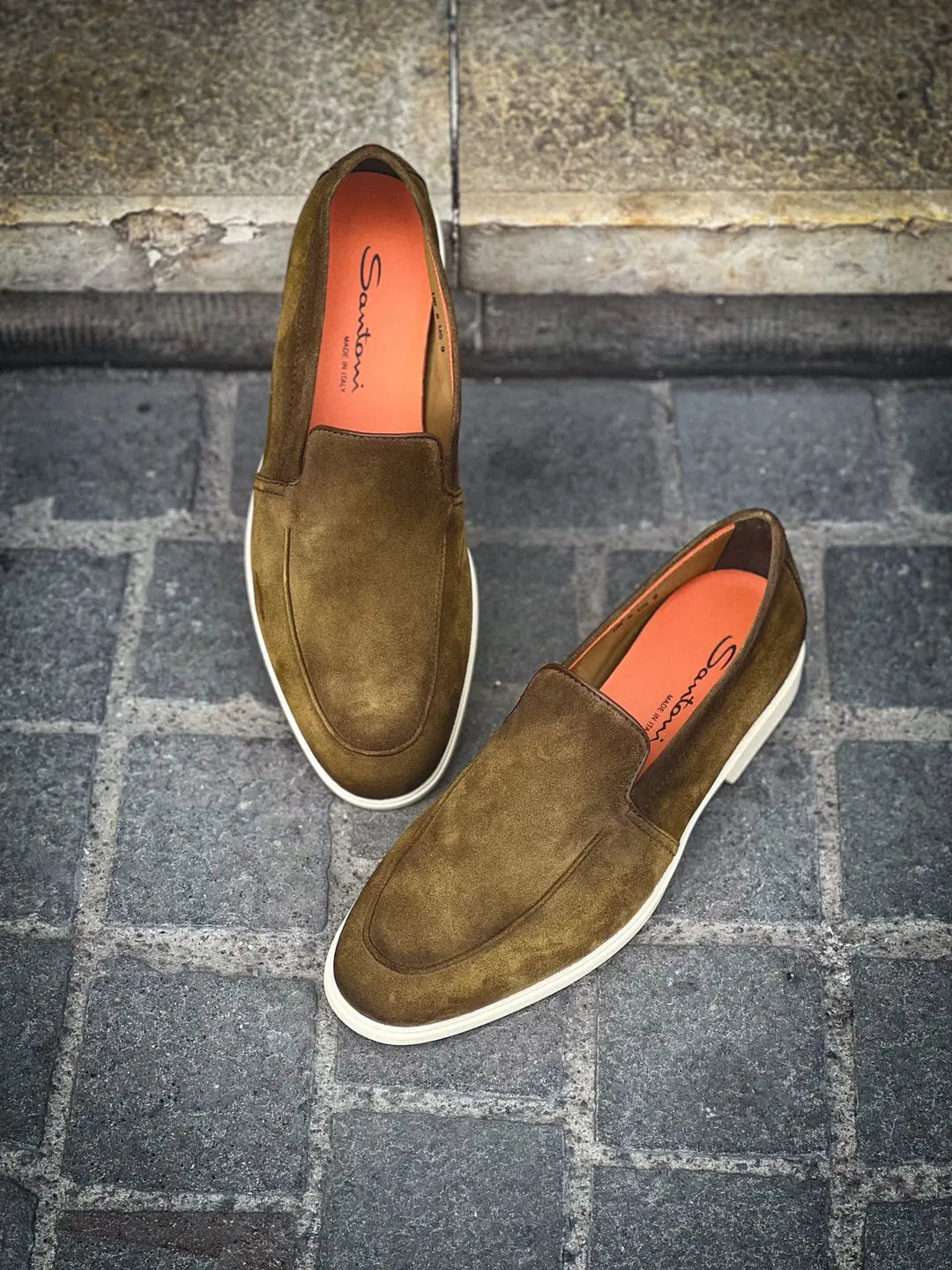 Santoni Slipper Loafer Olive Green Suede, view 3