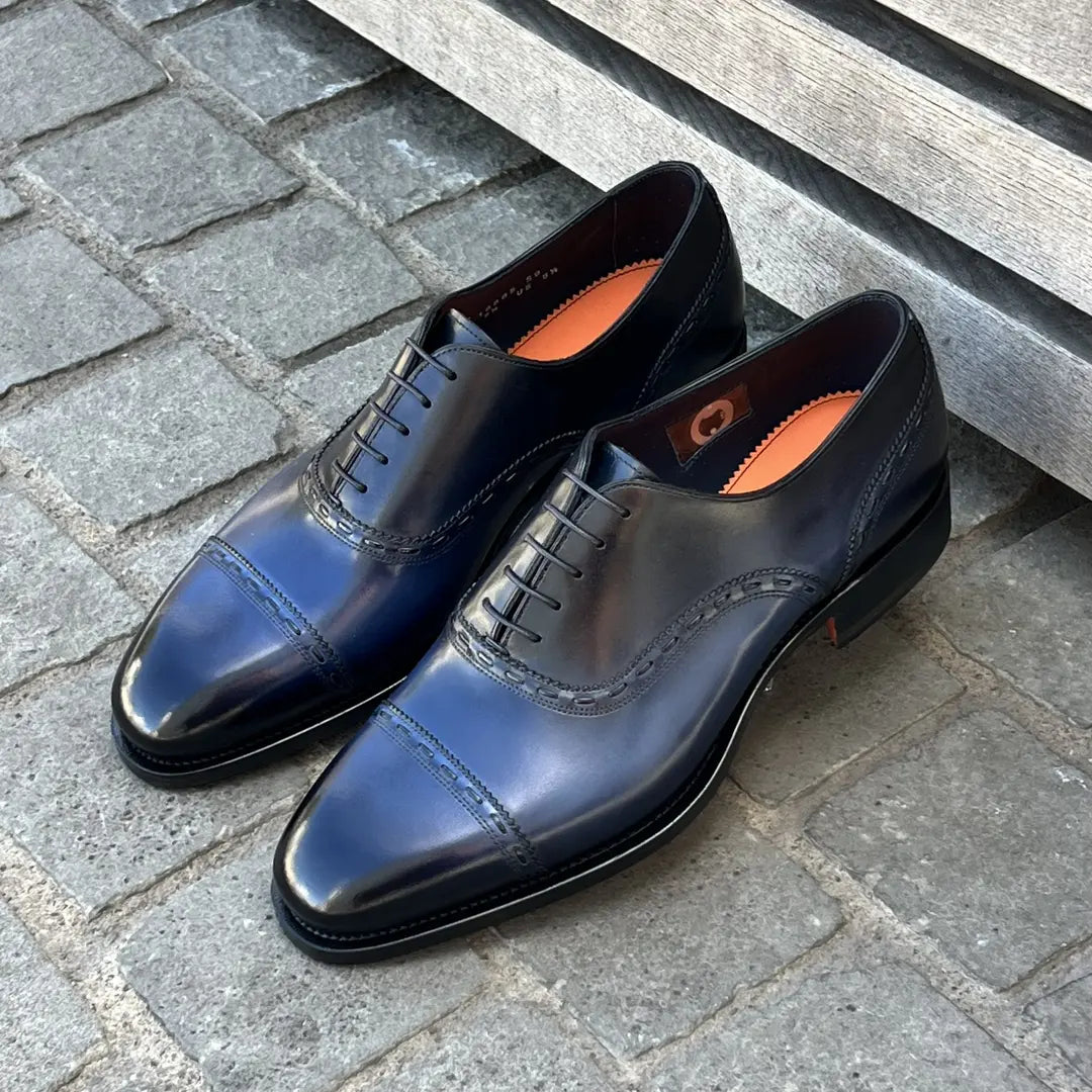 Santoni Dark Blue Oxford Brogue in calf leather, view 3