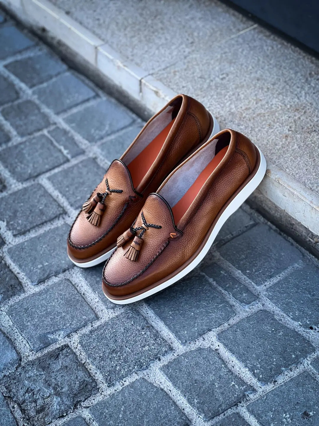 Santoni Tassel Loafer Light Brown Grain, view 4