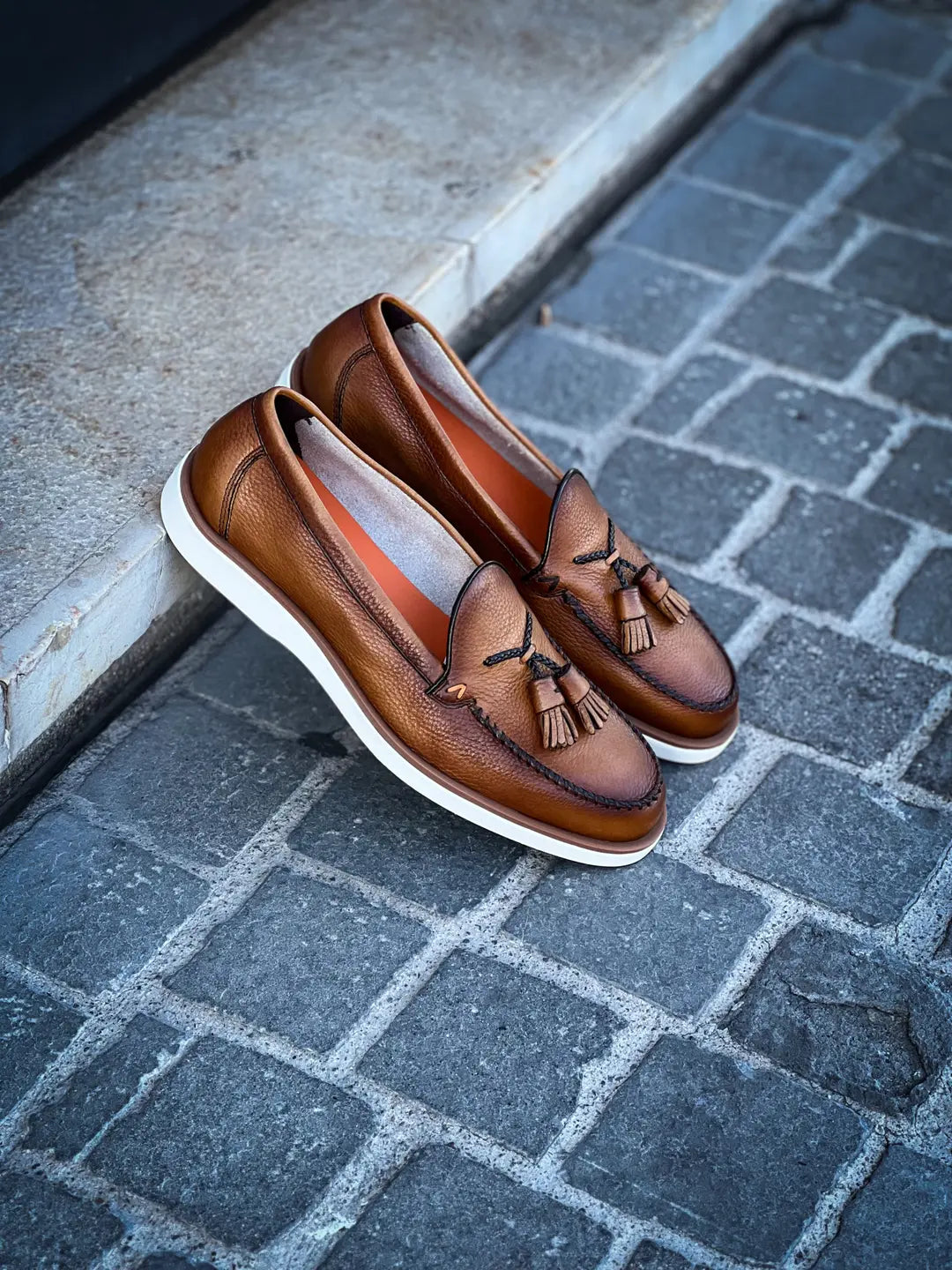 Santoni Tassel Loafer Light Brown Grain