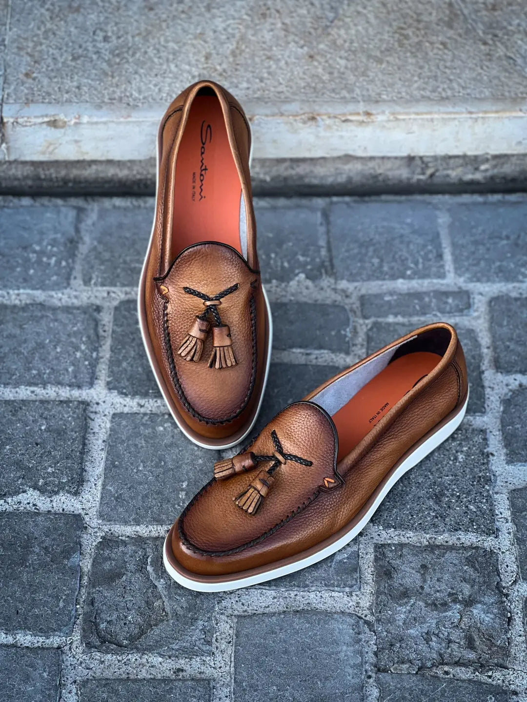 Santoni Tassel Loafer Light Brown Grain, view 3