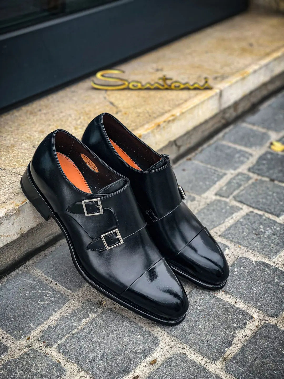 Santoni Double Buckle Black in calf leather