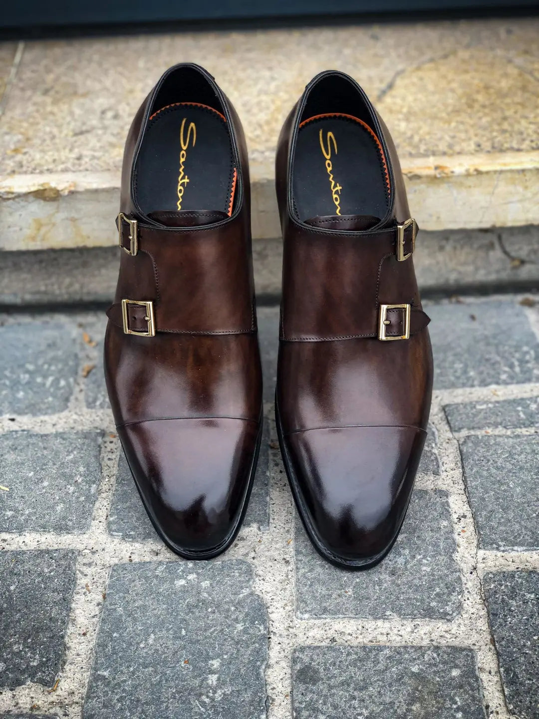 Santoni Double Buckle Dark Brown in calf leather, view 6