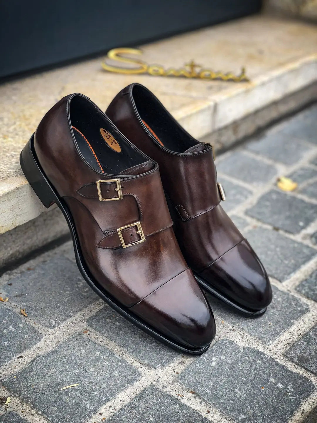 Santoni Double Buckle Dark Brown in calf leather